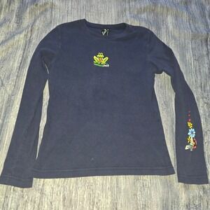 Y2K Lost Dysfunctional Doll Frog Graphic Long Sleeve Shirt Navy Blue Women's Top